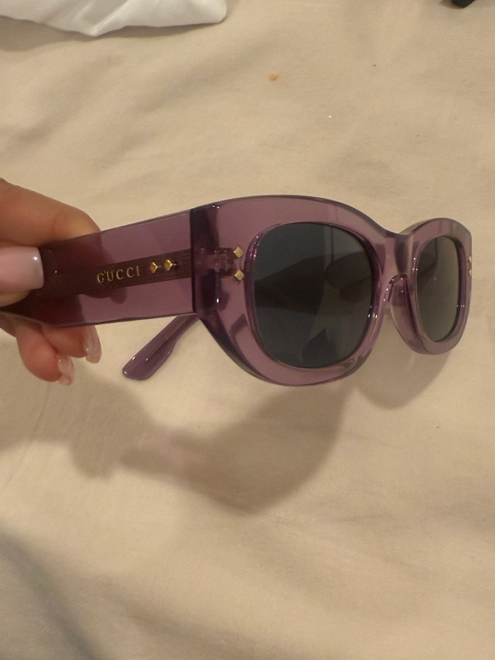 Gucci Translucent Lavender Oval Sunglasses with Gold Accents